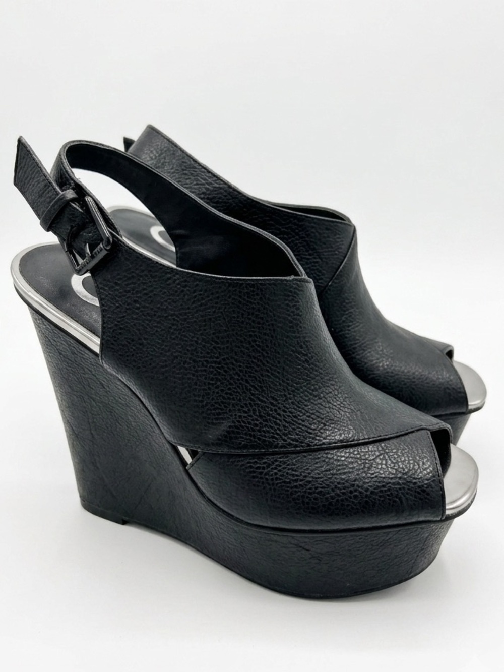 G BY GUESS Black Daniella Platform Wedge Peep Toe Sling Back Silver Trim Size 8